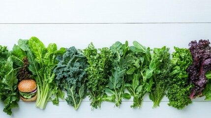 Poster - Top view of various green leafy vegetables and a veggie burger on white wood.