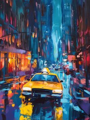 Poster - Yellow taxi cab driving on city street at night impressionistic style painting New York City urban scene