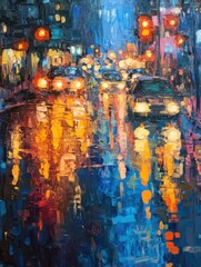 Poster - Impressionistic cityscape painting of cars driving on wet road at night with bright lights and reflections in an urban environment