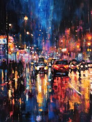 Poster - Impressionistic painting of city street at night with cars and pedestrians in the rain with streetlights reflecting in puddles