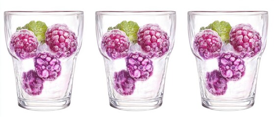 Poster - Three glasses holding frozen raspberries and mint leaves against a white background studio shot
