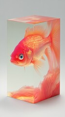 Poster - Goldfish in a Cube Still Life, Studio Shot, Conceptual Art, Orange and White, Minimalist Style, Close-up View