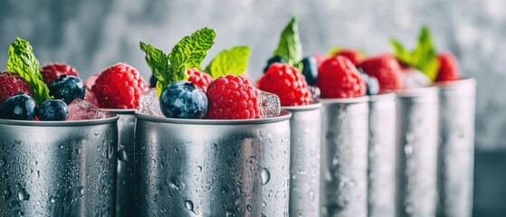 Poster - Row of refreshing fruit cocktails in metal cans with ice and mint sprigs close up studio shot