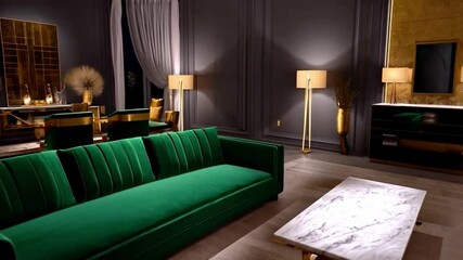Poster - Chic living room showcases a plush green sofa complemented by golden decorative elements and stylish lighting.