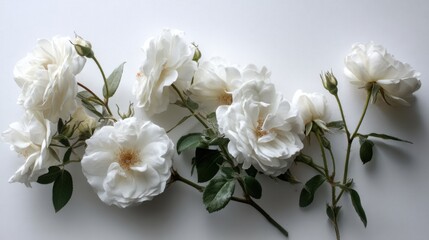 Poster - Elegant White Roses Displayed in Flat Lay Arrangement on Plain Background for Floral Design and Wedding Inspiration