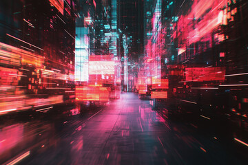 Aufkleber - city street with a lot of lights and a blurry background. Scene is energetic and dynamic