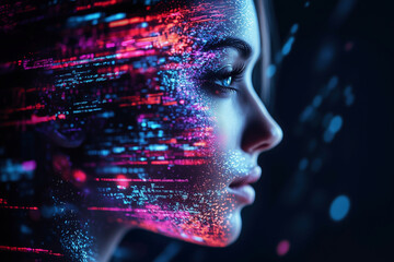 Aufkleber - woman's face is shown in a digital art piece with a lot of colorful lines and dots. The image has a futuristic and abstract feel to it, with the woman's face being the main focus