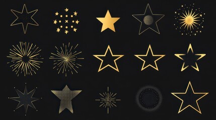 Aufkleber - Collection of golden and black stars, bursts, and celestial elements on a dark background.