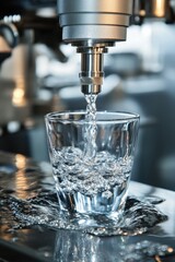 Poster - Close-up of Water Pouring into Glass from Silver Dispenser in Studio Setting with Reflections and Bubbles