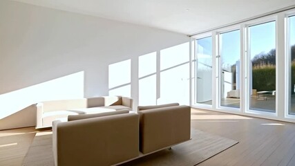 Poster - This contemporary living room features minimalist furniture and large windows that allow sunlight to flood the space. The warm wooden floor enhances the inviting atmosphere and open design.