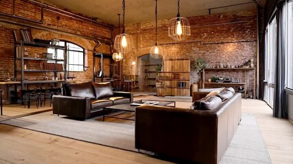 Aufkleber - Cozy living room featuring exposed brick walls and large windows, showcasing stylish furniture and ambient lighting. An inviting space for relaxation and gatherings with a contemporary touch.