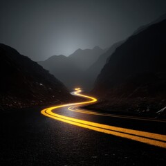 Poster - Winding Mountain Road at Night with Glowing Yellow Lines Aerial View Dark Moody Landscape