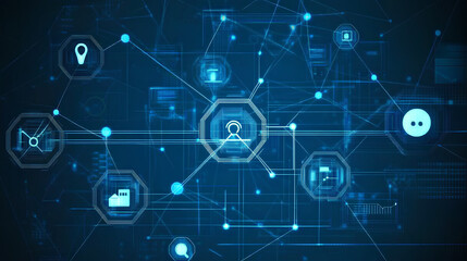 Poster - social network technologies concept with digital graphic user symbols connected by lines on abstract