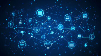 Poster - social network technologies concept with digital graphic user symbols connected by lines on abstract