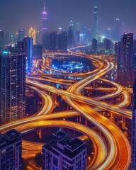 Poster - Aerial view of illuminated highway interchange with light trails at night in urban cityscape of Guangzhou China