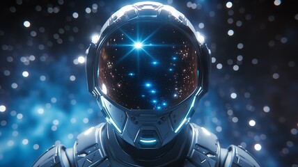 Poster - Cosmic nomad exploring the vastness of space with a shimmering helmet reflecting the starlit universe