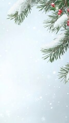 Poster - Snow Covered Pine Branches with Red Berries and Holly on Light Blue Background Winter Holiday Season