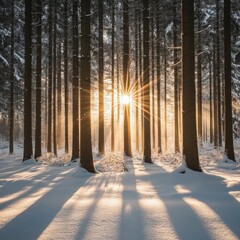 Poster - Sunburst Through Winter Forest Canopy Low Angle View with Long Shadows in Snow Covered Landscape
