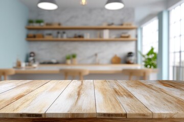 Poster - Wooden Tabletop Perspective in Modern Kitchen Interior with Blurred Background and Natural Light for Product Mockup or Display