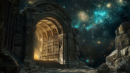 Wall Mural - Ancient stone archway library entrance opens to starry night sky.