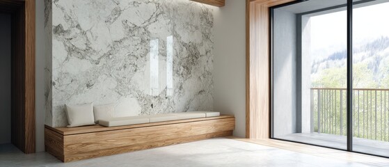Poster - Modern Interior Design with Marble Wall and Wooden Bench Seat Overlooking Mountain View from Balcony