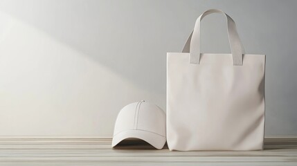 Poster - Blank White Tote Bag and Baseball Cap Mockup Minimalist Branding Design Template Clean Stylish Product Presentation for Apparel Store Advertising     