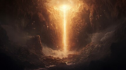Poster - Glowing beam of light shines from a deep cavern, illuminating rocky walls and misty ground.
