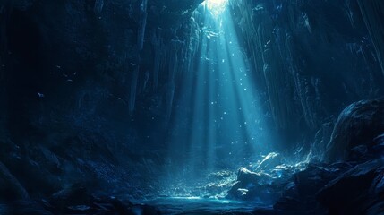 Poster - Sunbeams illuminate a dark, mysterious cave interior with a still pool of water.
