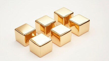 Leinwandbilder - Six shiny gold cubes arranged in a staggered pattern on a white background.