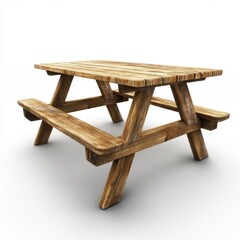 Poster - Rustic wooden picnic table on white background studio shot; outdoor furniture for parks and gardens; close up view of wood grain and texture