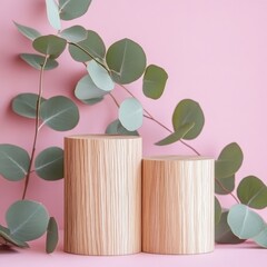 Poster - Two wooden cylinder podiums with eucalyptus leaves on pink background studio shot product display mockup minimalist style