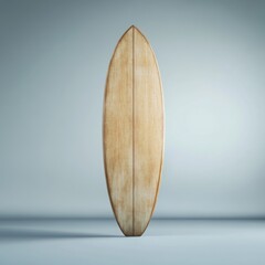 Poster - Vintage surfboard stands upright in studio setting showcasing wood grain and design elements for surfing lifestyle