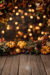 Poster - Autumnal Still Life with Pumpkins and Berries on Wood Surface with Bokeh Lights Backdrop
