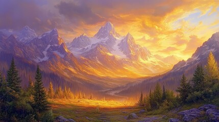 Poster - Majestic sunset illuminates snow-capped mountains and valley, golden hour light bathes the landscape.