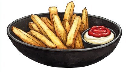 Poster - Delicious golden french fries served in a black bowl with ketchup and mayonnaise.