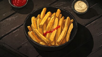 Aufkleber - A bowl of golden french fries with ketchup and mayonnaise on a rustic wooden table.