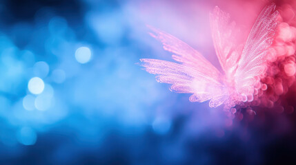 Poster - Mesmerizing butterfly with delicate wings glows against vibrant blue and pink background, creating magical atmosphere