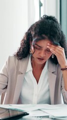 Poster - Frustrated woman, overworked or multitasking with documents for project deadline at office. Female person, overwhelmed or headache with stress in time lapse for busy business or pressure at workplace