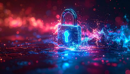 Poster - A glowing padlock surrounded by vibrant particles symbolizes security and protection in a digital landscape