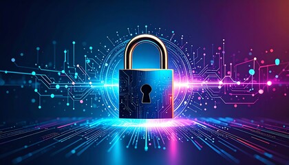 Poster - A digital padlock symbolizes cybersecurity amidst vibrant circuitry, representing data protection and technology