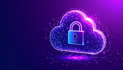 Poster - A digital cloud with a lock symbol, representing secure cloud storage and data protection in a vibrant, tech-inspired design