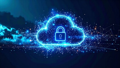 Poster - A digital cloud symbol with a lock, representing secure cloud storage and data protection through advanced technology and connectivity