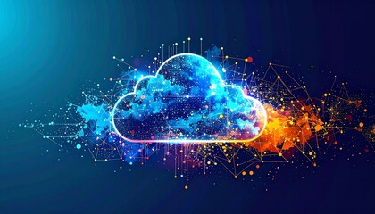 Poster - A vibrant digital illustration of a cloud with colorful splashes and geometric designs, symbolizing technology and data connectivity