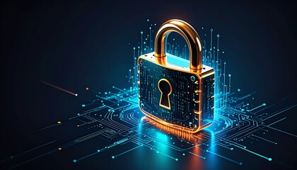 Poster - A futuristic padlock with a digital circuit background symbolizes security and technology in a visually striking design
