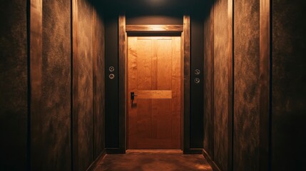 Poster - Dark hallway with wooden door.