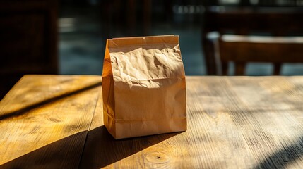 Poster - Brown Paper Bag on Rustic Wooden Table Natural Light Simple Packaging Sustainable Eco Friendly Mockup Design Photography Studio Shot Blank Template   