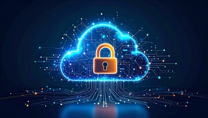 Poster - A digital cloud symbol with a padlock, surrounded by a network of data connections, representing cybersecurity and cloud protection