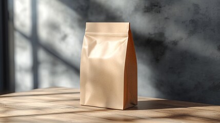 Poster - Brown Kraft Paper Packaging Mockup Bag Product Branding Design Template Sustainable Eco Friendly Pouch Coffee Tea Food Package Natural Wooden Table   