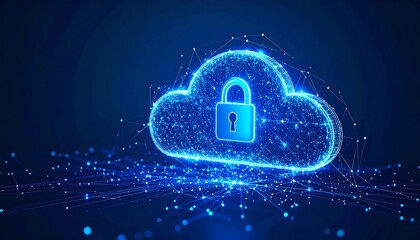Poster - A digital cloud icon with a padlock symbolizes secure data storage and cloud computing, highlighted by glowing blue lines and dots on a dark background