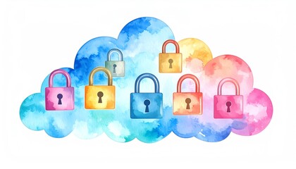 Poster - A colorful cloud with various locks symbolizing cloud security and digital protection in a vibrant watercolor style